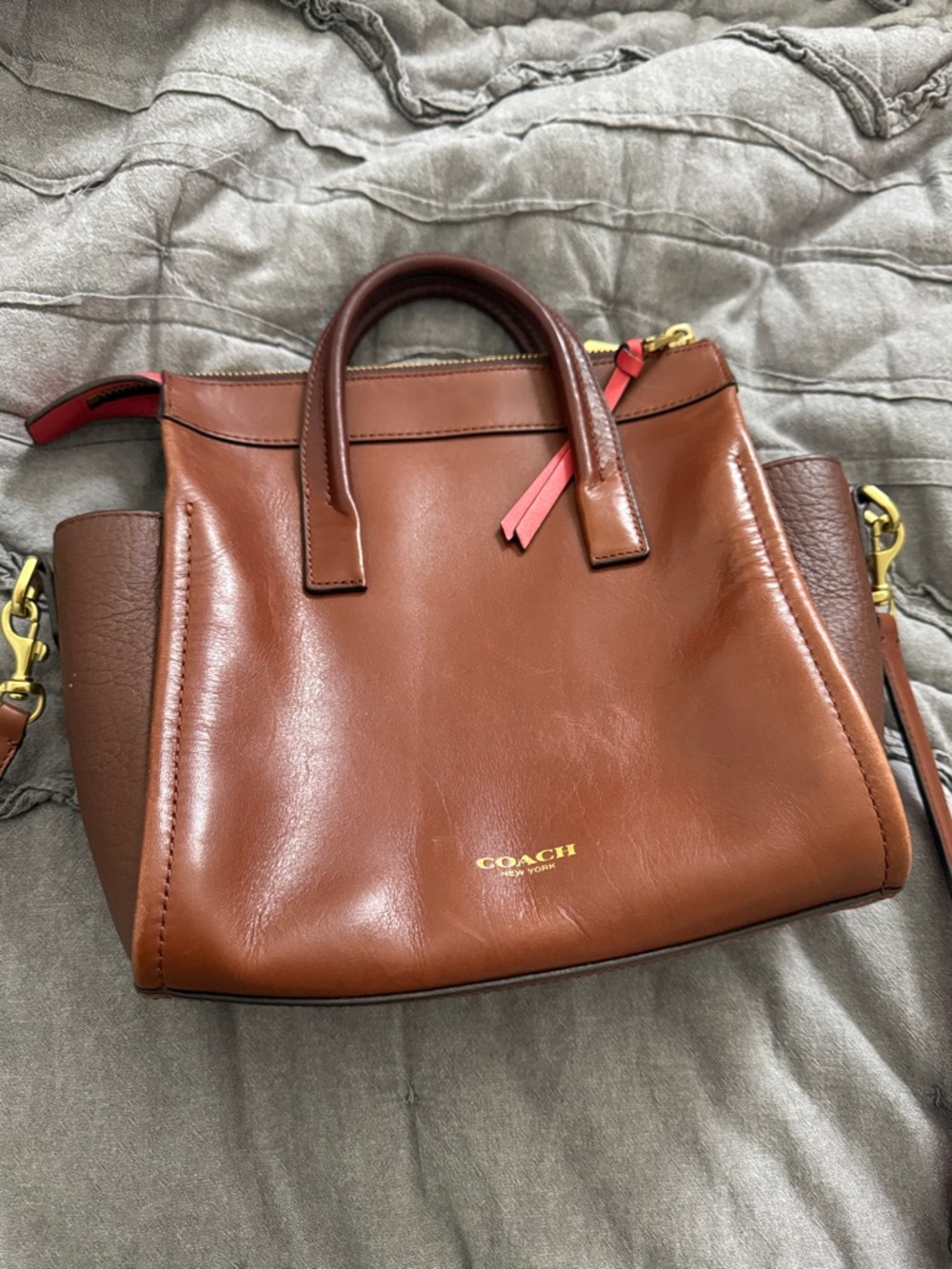 Coach Brown Leather Satchel with Pink and Yellow Tag Accents - Picture 3 of 3